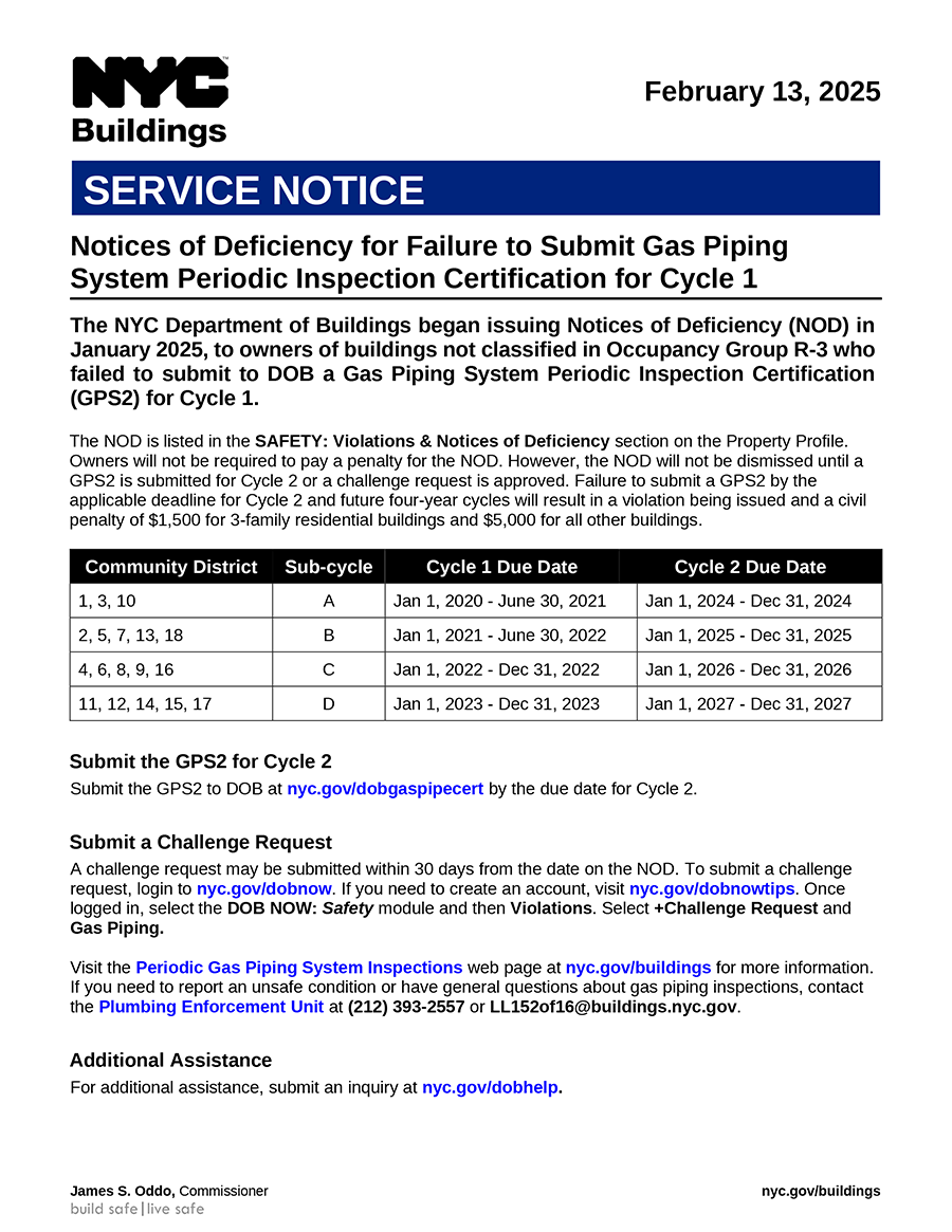 Notices of Deficiency for Failure to Submit Gas Piping System Periodic Inspection Certification for Cycle 1